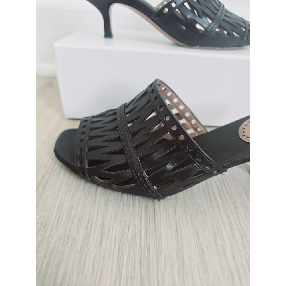 Alaia Paris Cutout Leather Black Slip On Open Toe Kitten Heels Mules Shoes 37 7 - Picture 2 of 11
